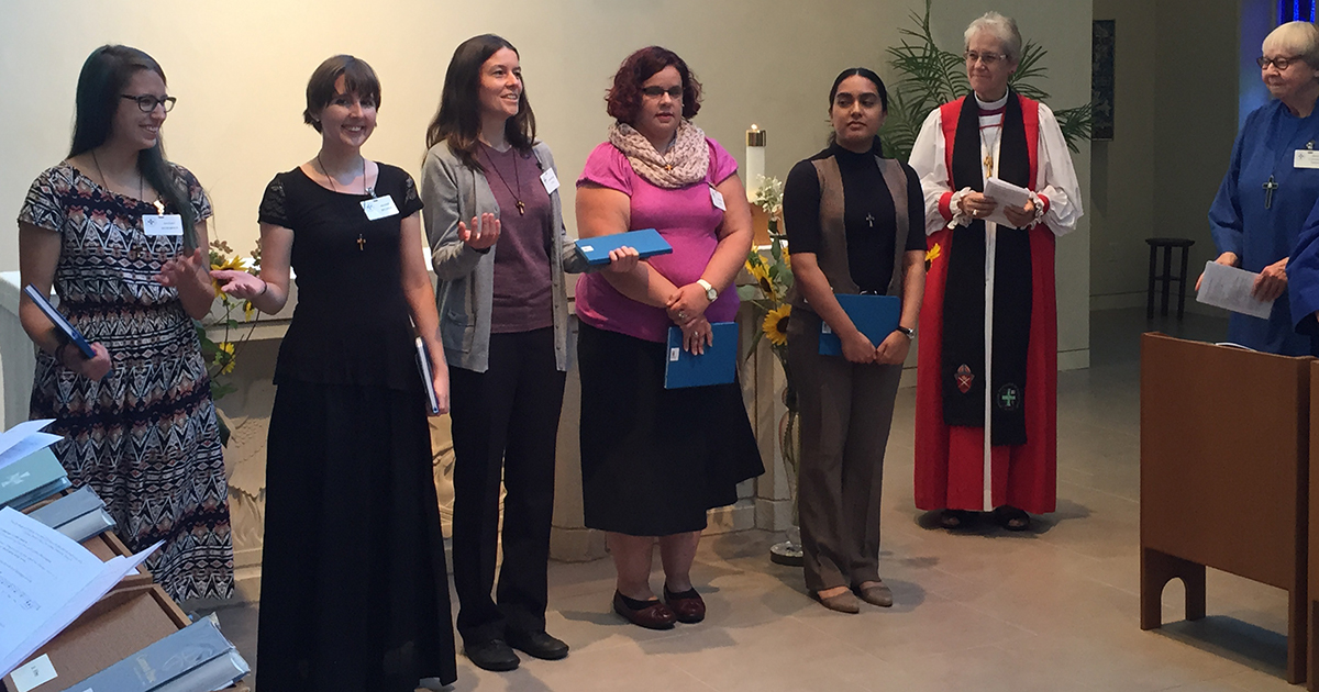Participants in the Companions on the Way program are commissioned during Evensong at the convent of the Sisterhood of St. John the Divine in Toronto. L-R: Sarah Moesker, Hanné Becker, Christine Stoll, Amanda Avery, and Alisa Samuel, as Bishop Linda Nicholls and Sister Constance Joanna Gefvert look on. Photo by Matt Gardner