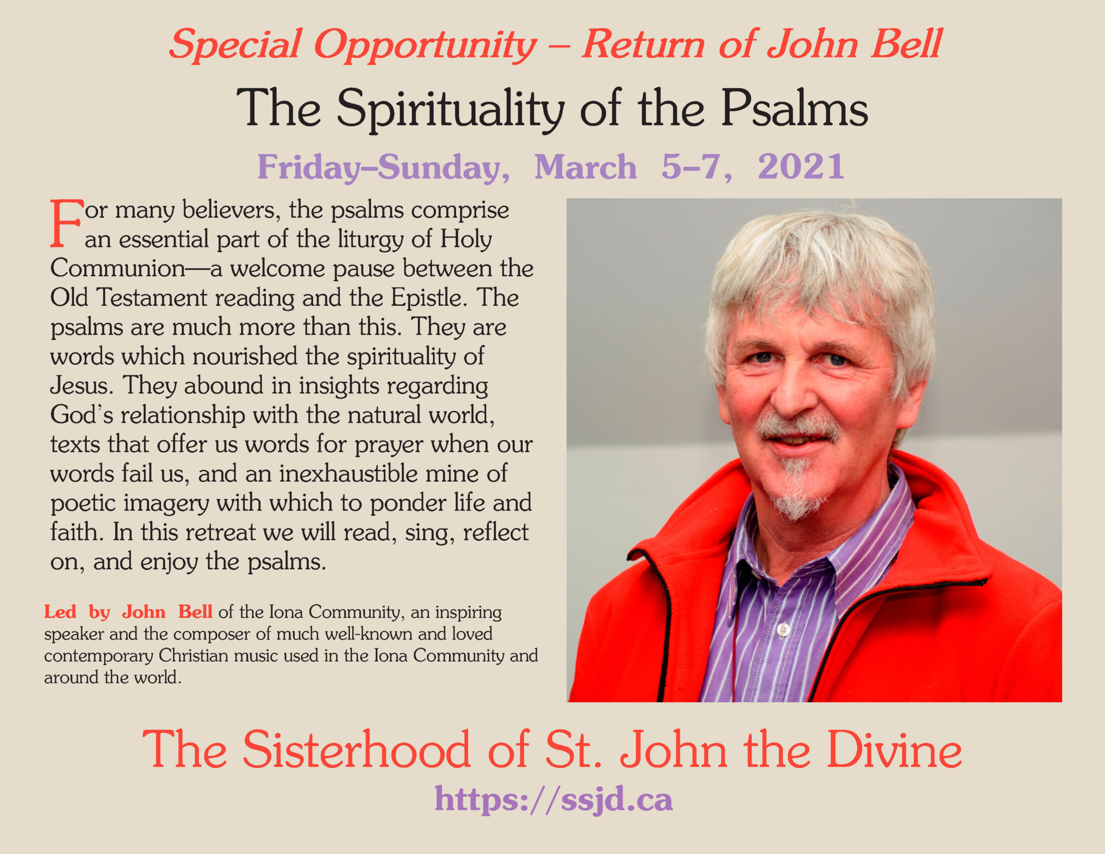 John Bell Retreat Has Been Rescheduled For 2021